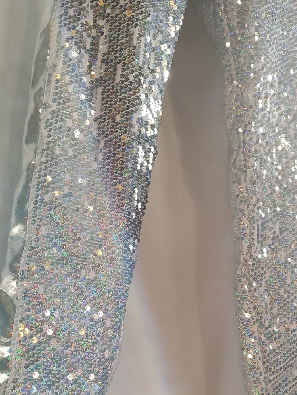 Silver Sequin Leggings - Sparkle High-Waist Stretch Pants - Picture 3 of 10